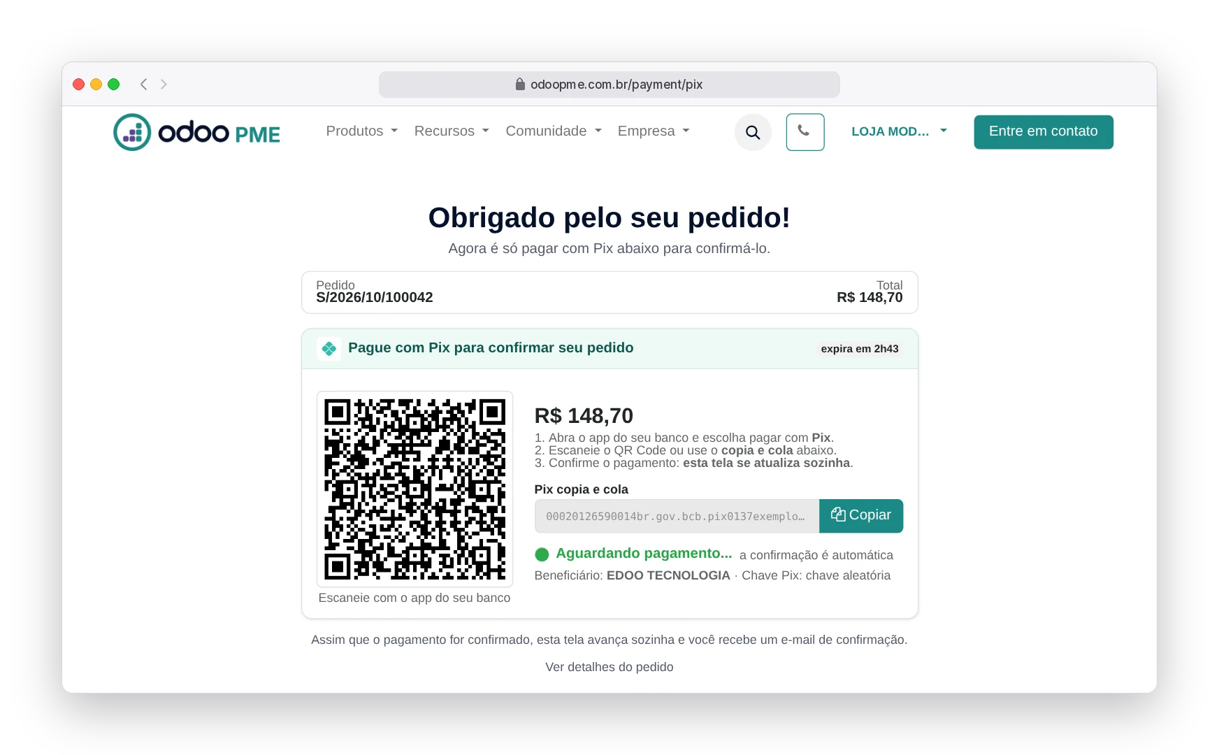 Tela do Pix gerado no RobSolution com QR Code, valor, código copia e cola e status aguardando pagamento
