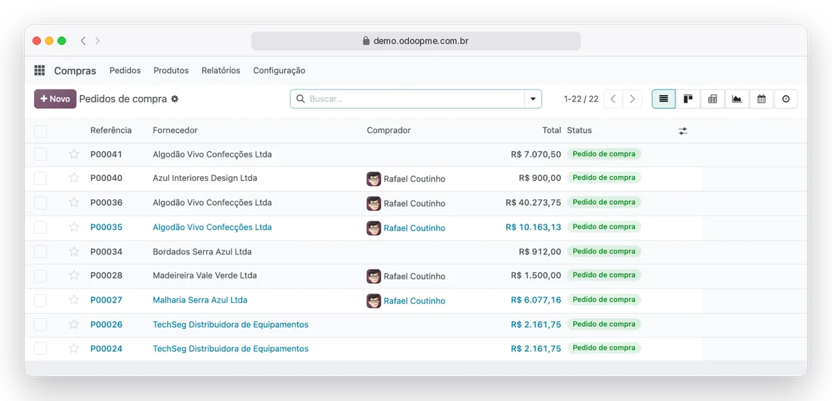 Tela de pedidos de compra do RobSolution com fornecedores, totais e status