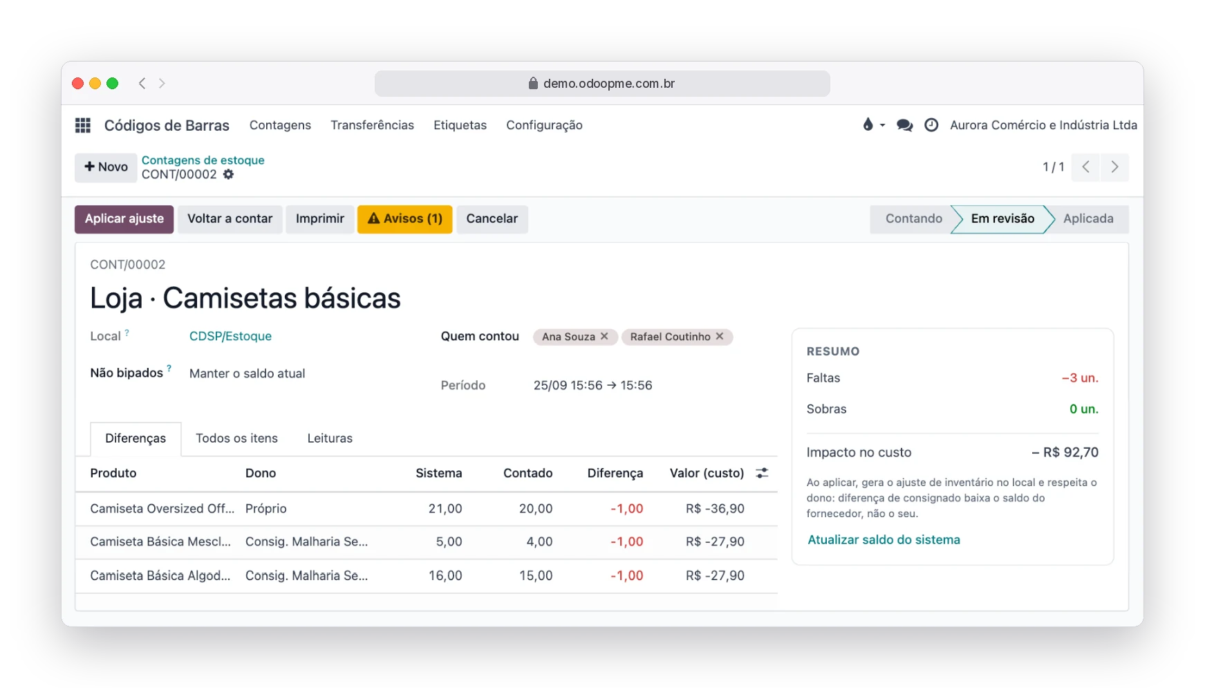 Revisão de uma contagem de estoque no RobSolution com diferenças por produto, faltas, sobras e impacto no custo